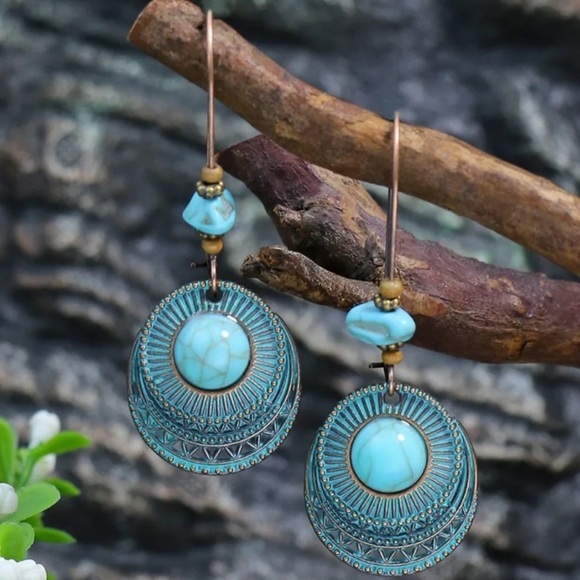 7 Pairs Turquoise Boho Rustic Geometric Earrings - Picture 8 of 9